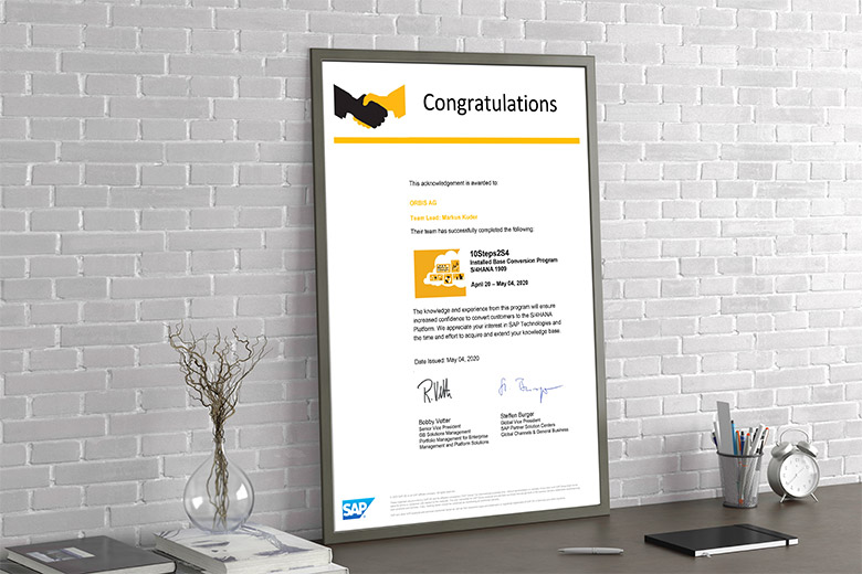 Certificate SAP S/4HANA Transition "10Steps2S4 ORBIS has successfully participated in the SAP program "10Steps2S4".
